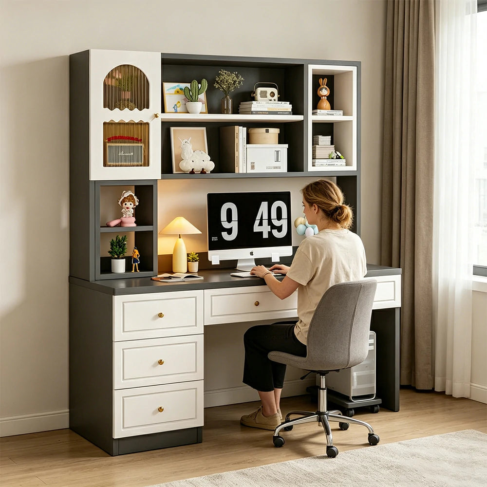 LIVARA Desk with Bookshelf Storage & Double Drawers for Bedroom Study Room - White&Grey
