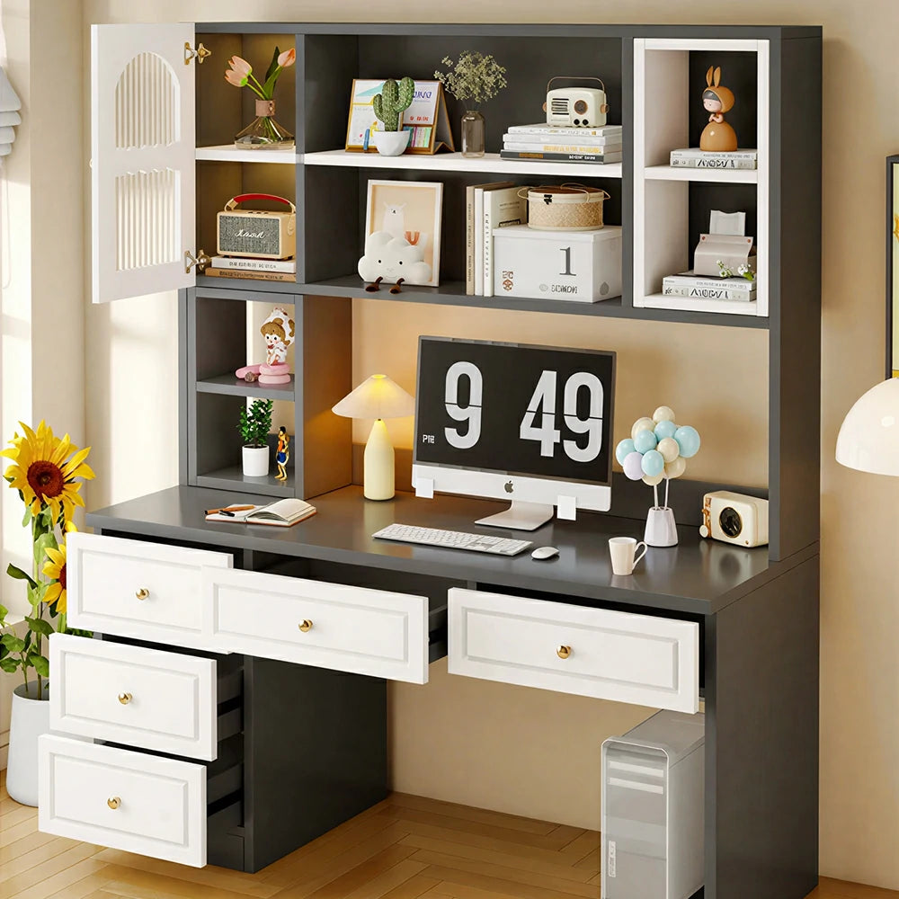 LIVARA Desk with Bookshelf Storage & Double Drawers for Bedroom Study Room - White&Grey