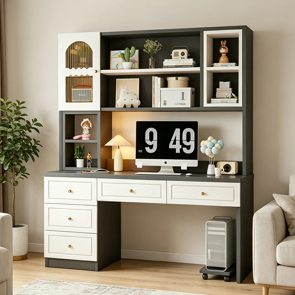 LIVARA Desk with Bookshelf Storage & Double Drawers for Bedroom Study Room - White&Grey