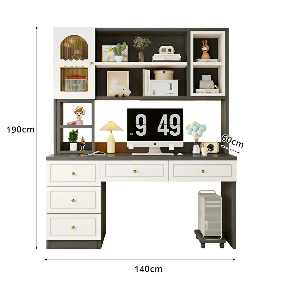LIVARA Desk with Bookshelf Storage & Double Drawers for Bedroom Study Room - White&Grey