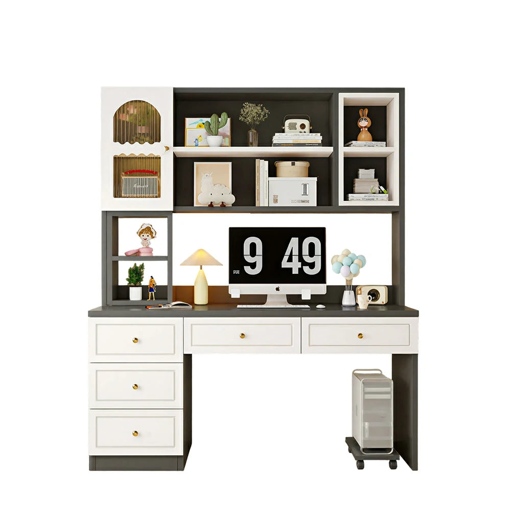 LIVARA Desk with Bookshelf Storage & Double Drawers for Bedroom Study Room - White&Grey