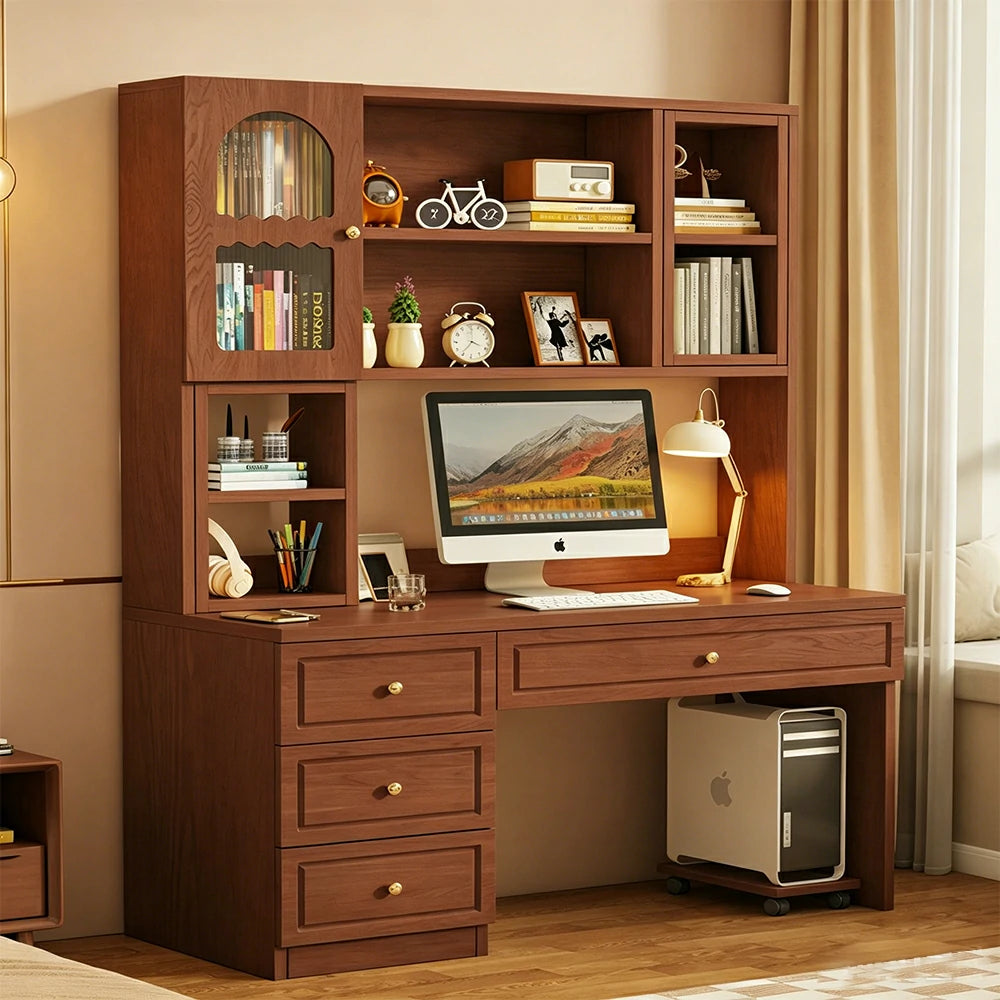 LIVARA Desk with Bookshelf Storage & Drawers for Bedroom Study Room - Walnut