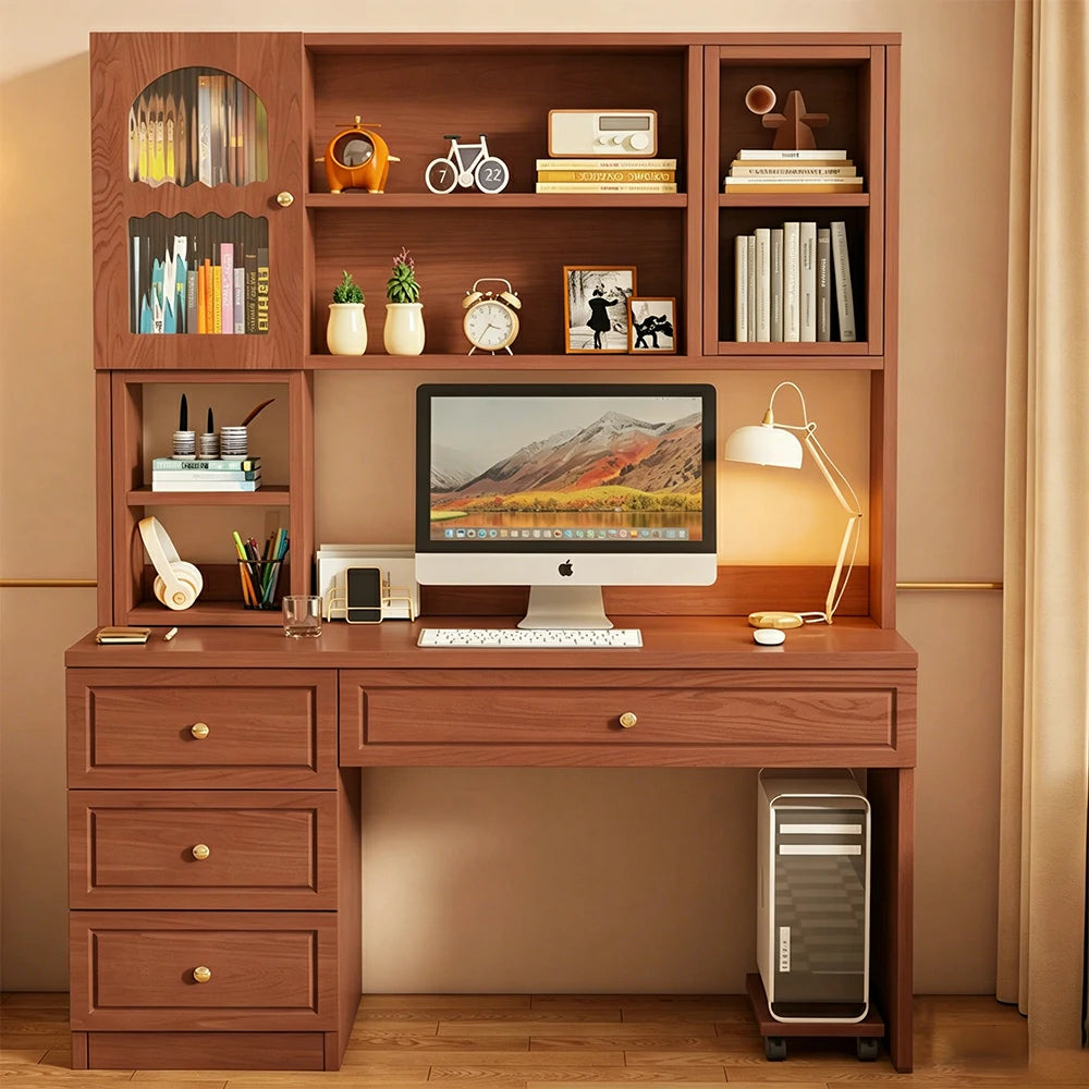 LIVARA Desk with Bookshelf Storage & Drawers for Bedroom Study Room - Walnut