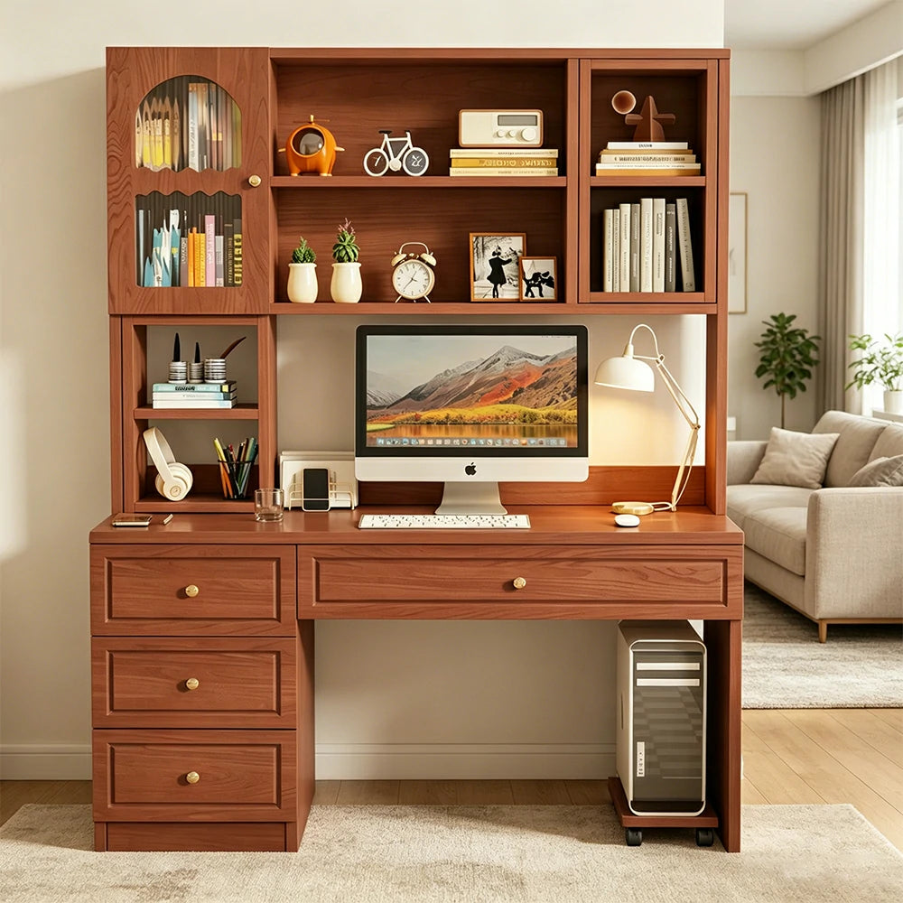 LIVARA Desk with Bookshelf Storage & Drawers for Bedroom Study Room - Walnut