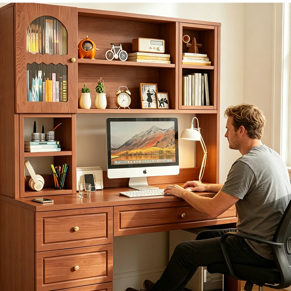 LIVARA Desk with Bookshelf Storage & Drawers for Bedroom Study Room - Walnut