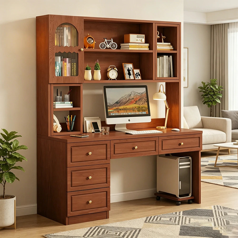 LIVARA Desk with Bookshelf Storage & Double Drawers for Bedroom Study Room - Walnut