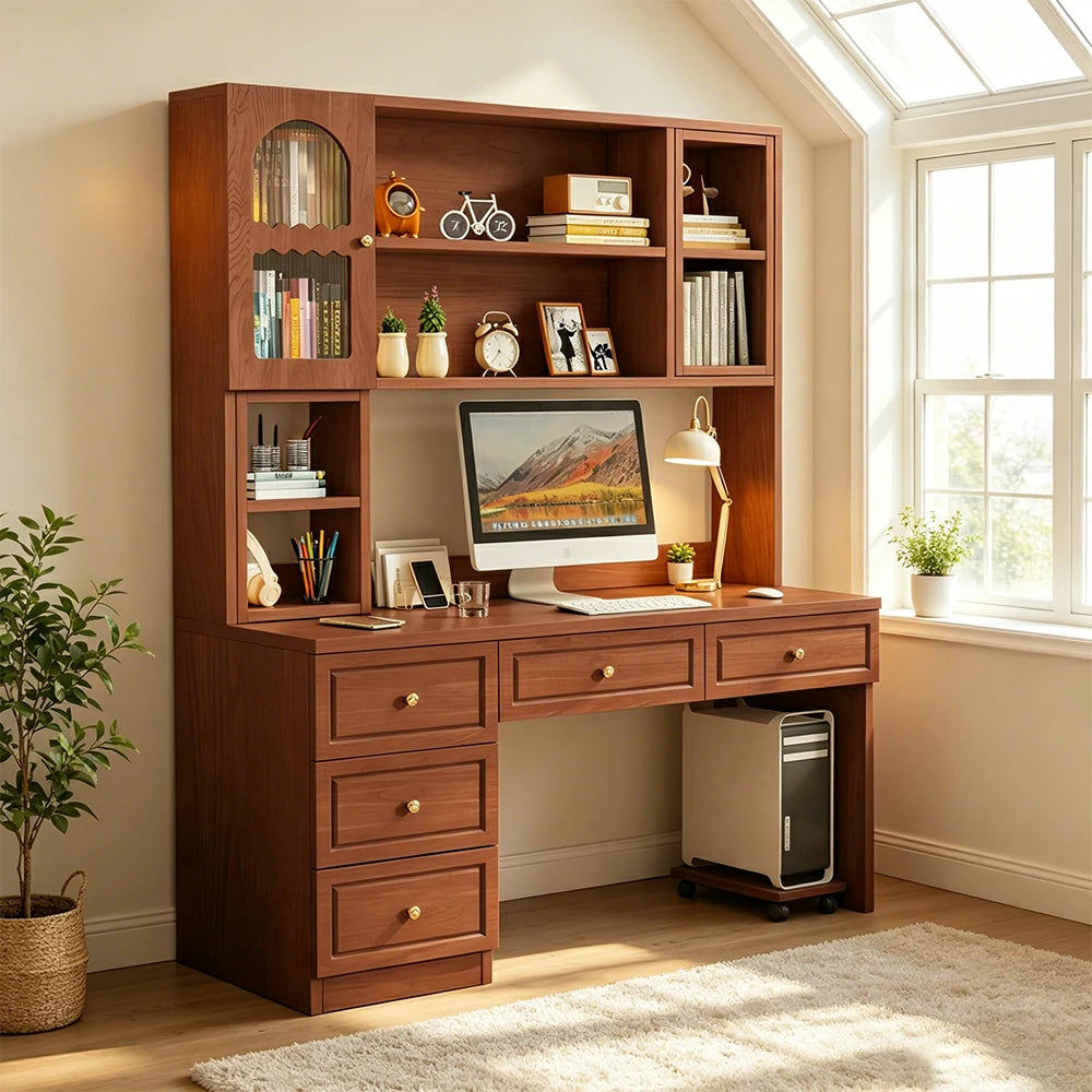 LIVARA Desk with Bookshelf Storage & Double Drawers for Bedroom Study Room - Walnut