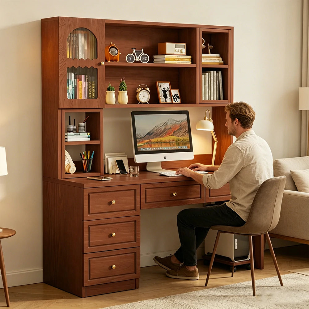 LIVARA Desk with Bookshelf Storage & Double Drawers for Bedroom Study Room - Walnut