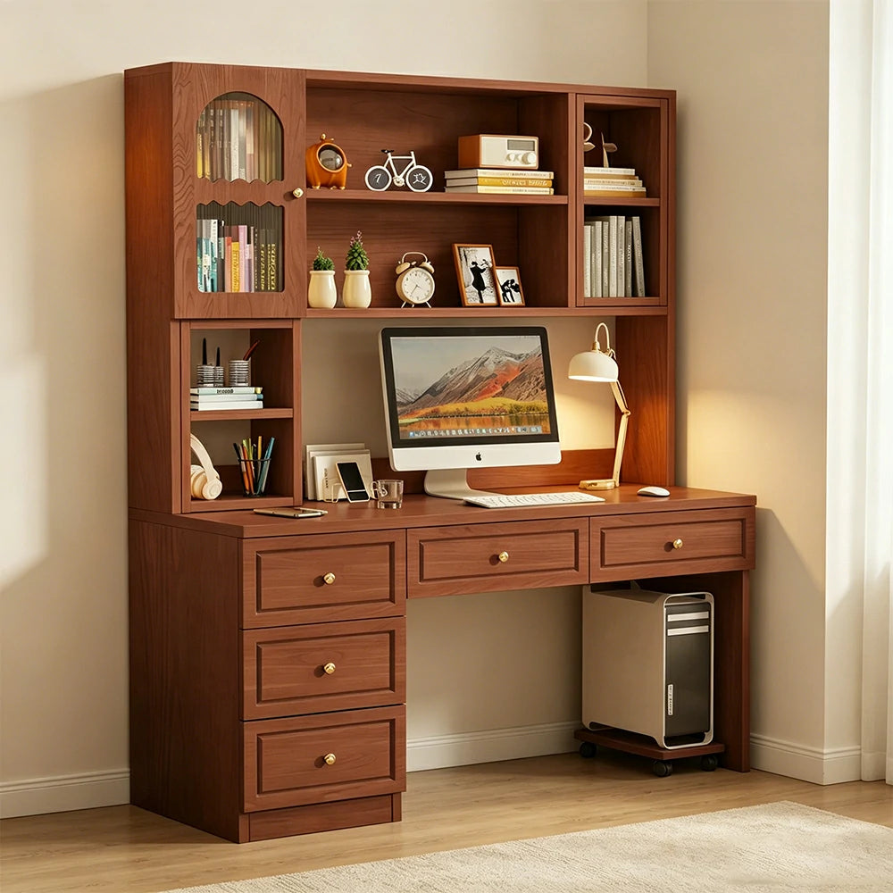 LIVARA Desk with Bookshelf Storage & Double Drawers for Bedroom Study Room - Walnut
