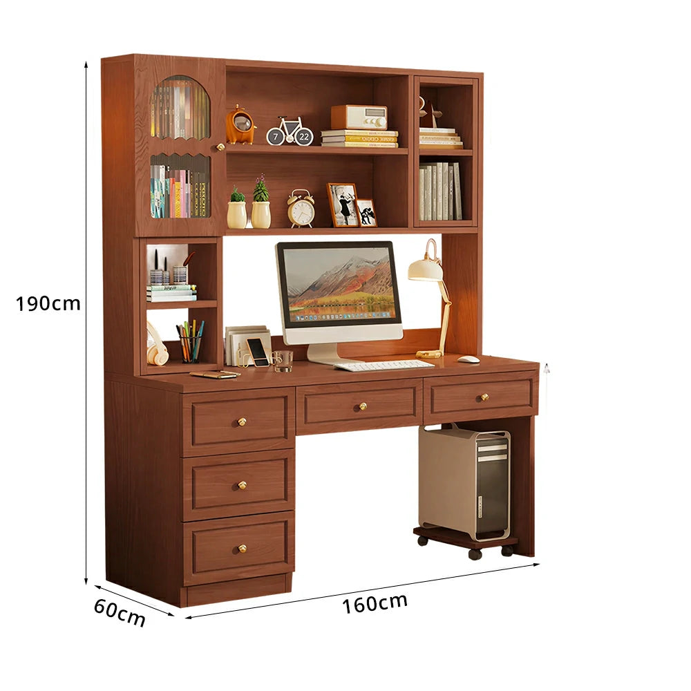 LIVARA Desk with Bookshelf Storage & Double Drawers for Bedroom Study Room - Walnut