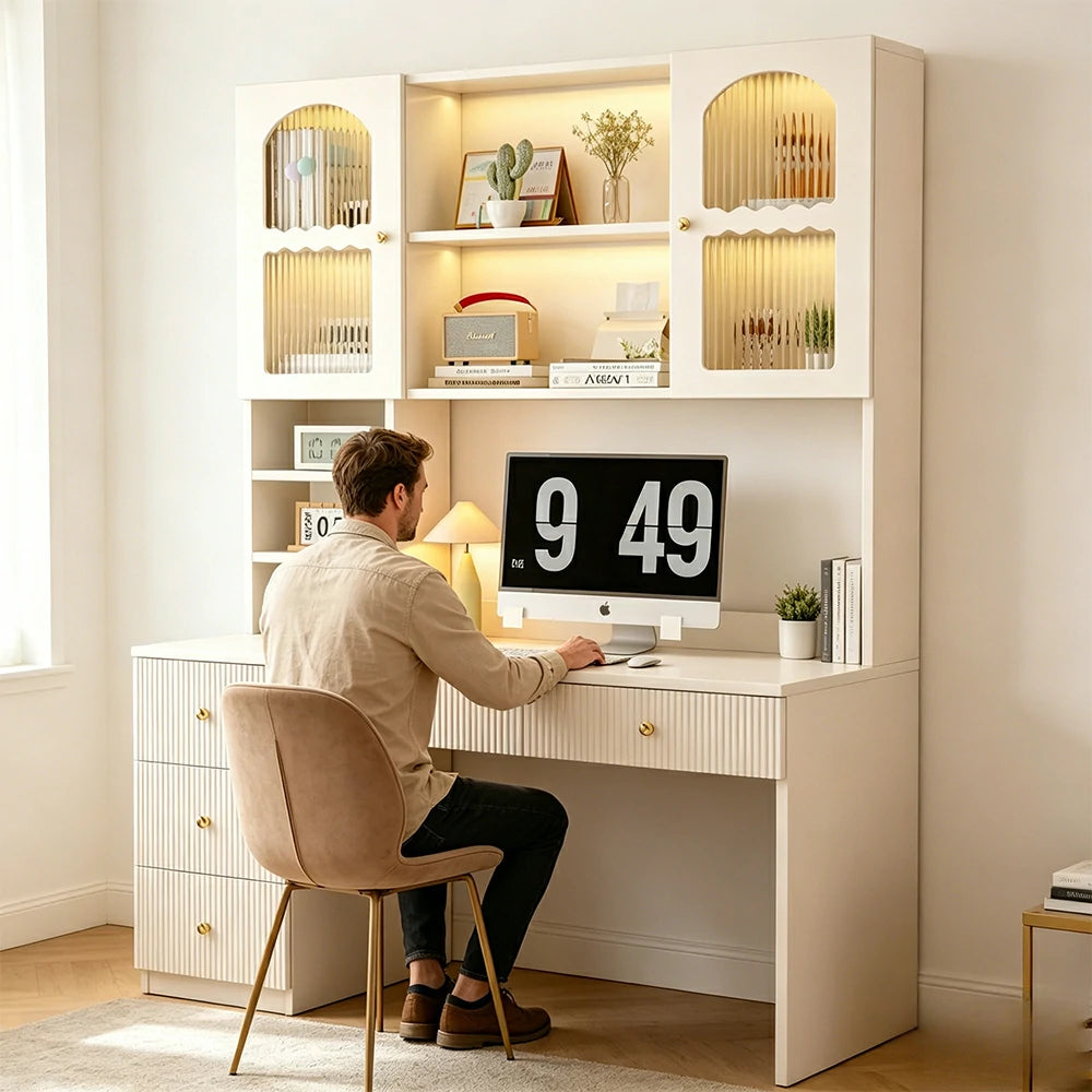 LIVARA Solid Wood Study Desk with Storage Shelf for Home Office Bedroom - Natural Wood