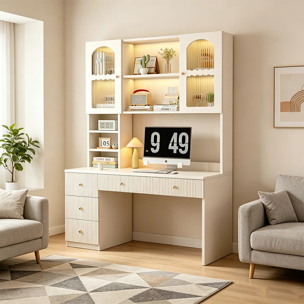 LIVARA Solid Wood Study Desk with Storage Shelf for Home Office Bedroom - Natural Wood