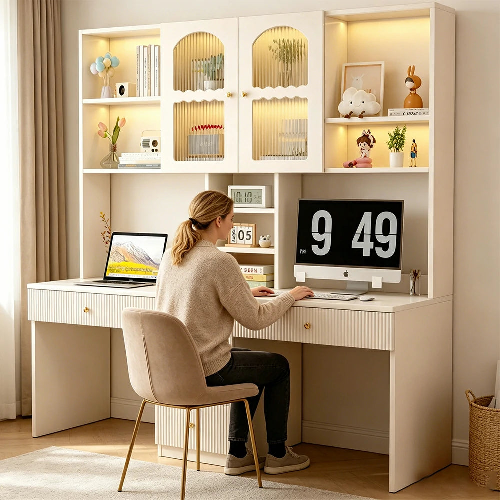 LIVARA Solid Wood Desk with Bookshelf Display Cabinet & Drawers for Study Room - Cream White