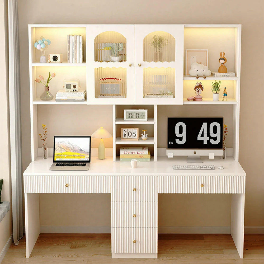 LIVARA Solid Wood Desk with Bookshelf Display Cabinet & Drawers for Study Room - Cream White