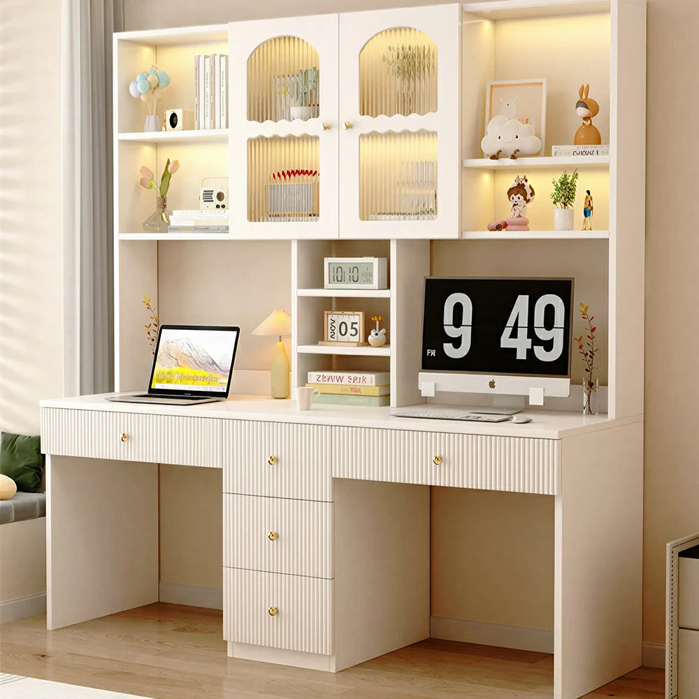LIVARA Solid Wood Desk with Bookshelf Display Cabinet & Drawers for Study Room - Cream White