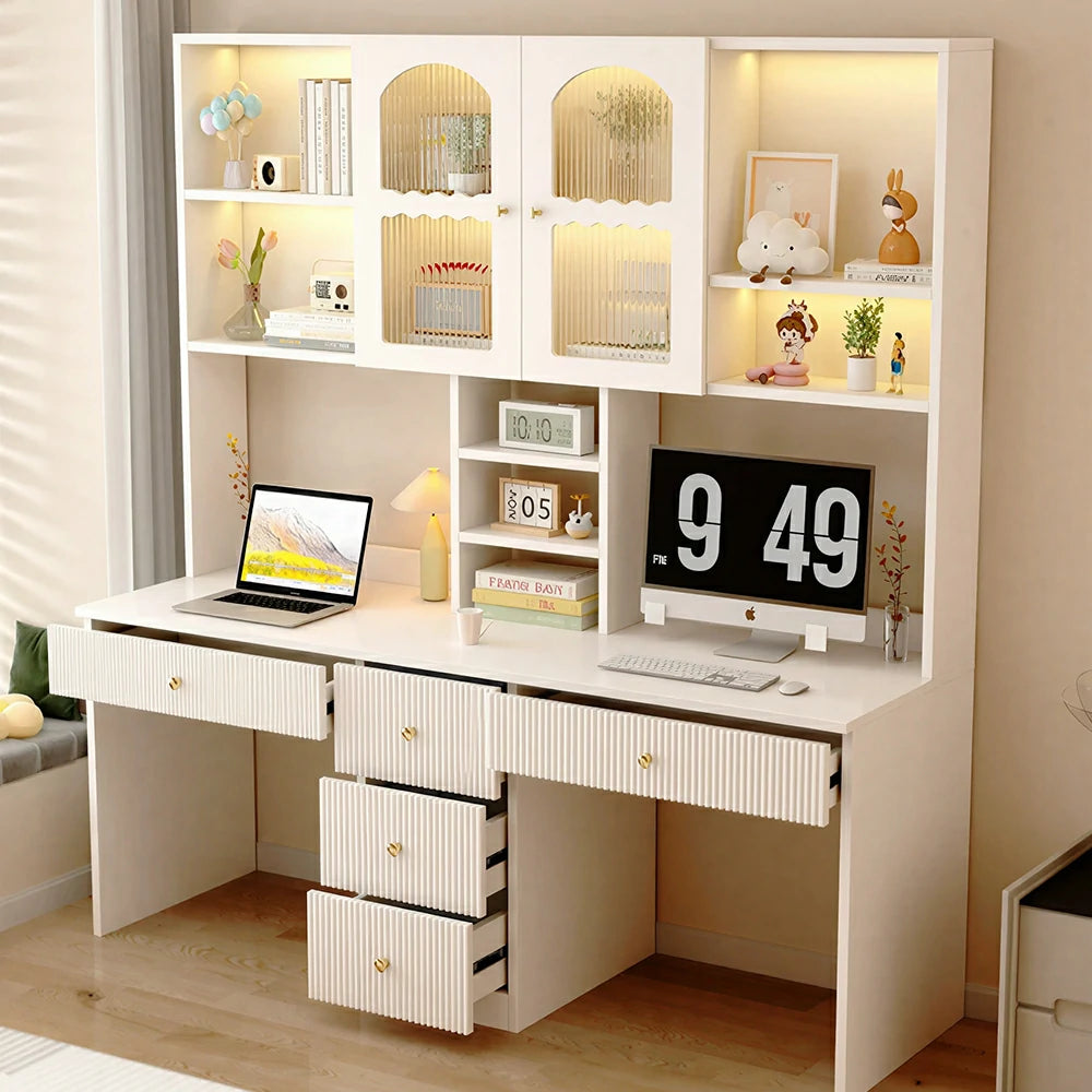 LIVARA Solid Wood Desk with Bookshelf Display Cabinet & Drawers for Study Room - Cream White