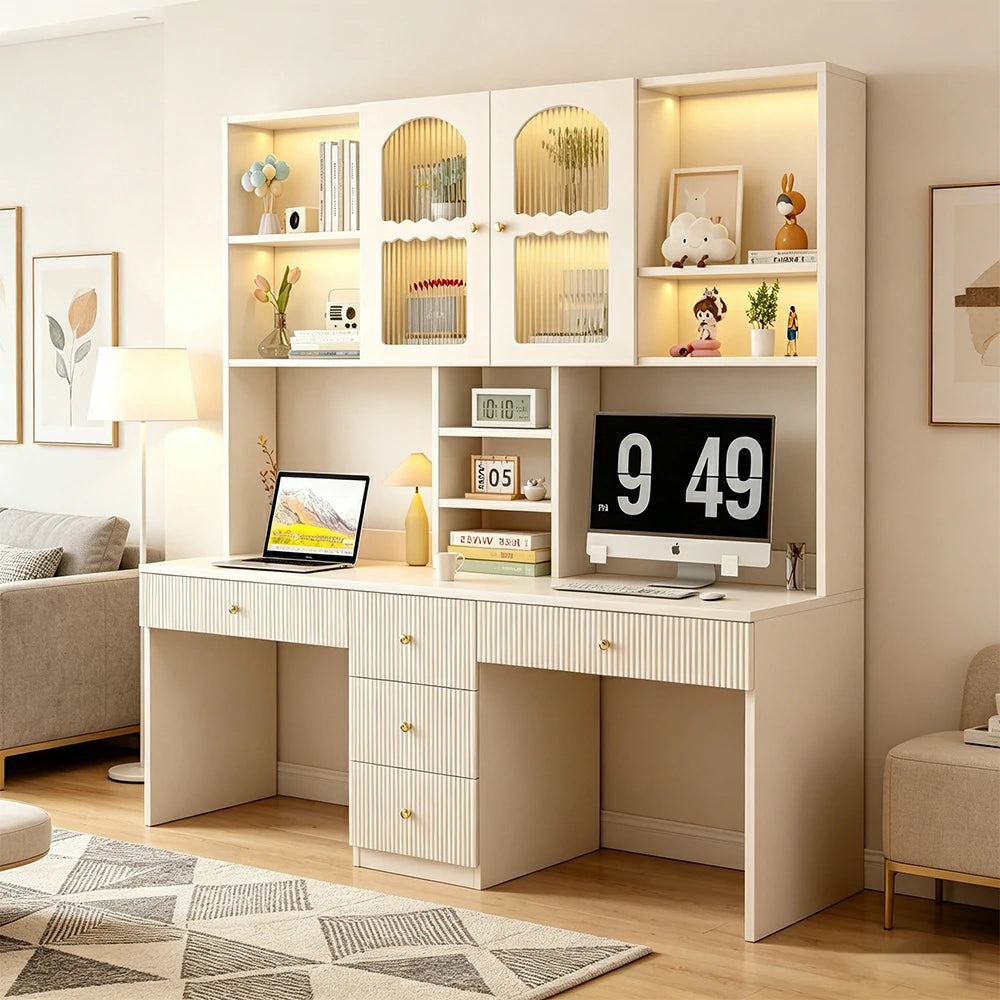 LIVARA Solid Wood Desk with Bookshelf Display Cabinet & Drawers for Study Room - Cream White