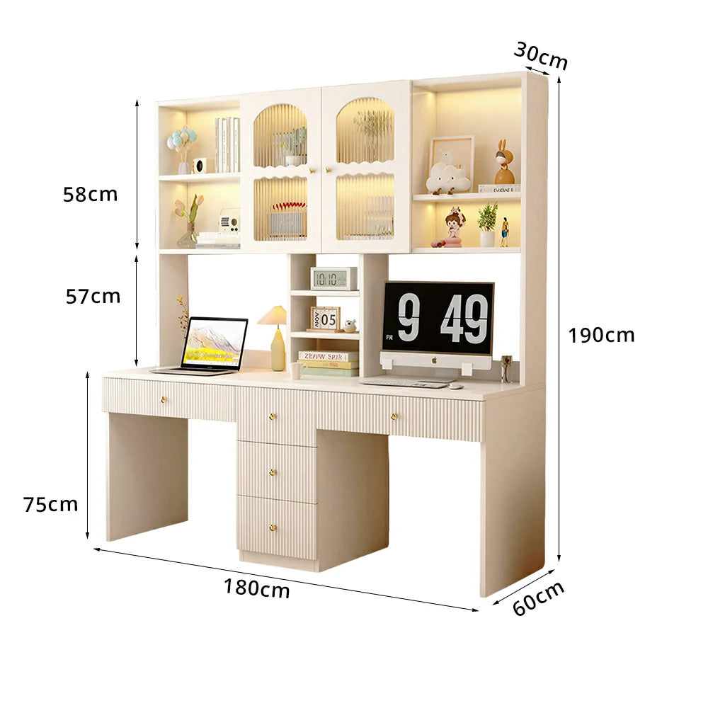 LIVARA Solid Wood Desk with Bookshelf Display Cabinet & Drawers for Study Room - Cream White