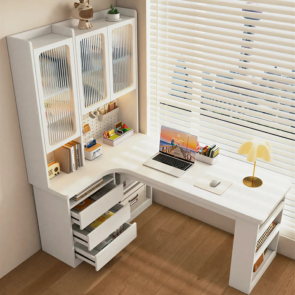 LIVARA Desk with Left Bookshelf Display Cabinet & Drawers for Study Room - Cream White