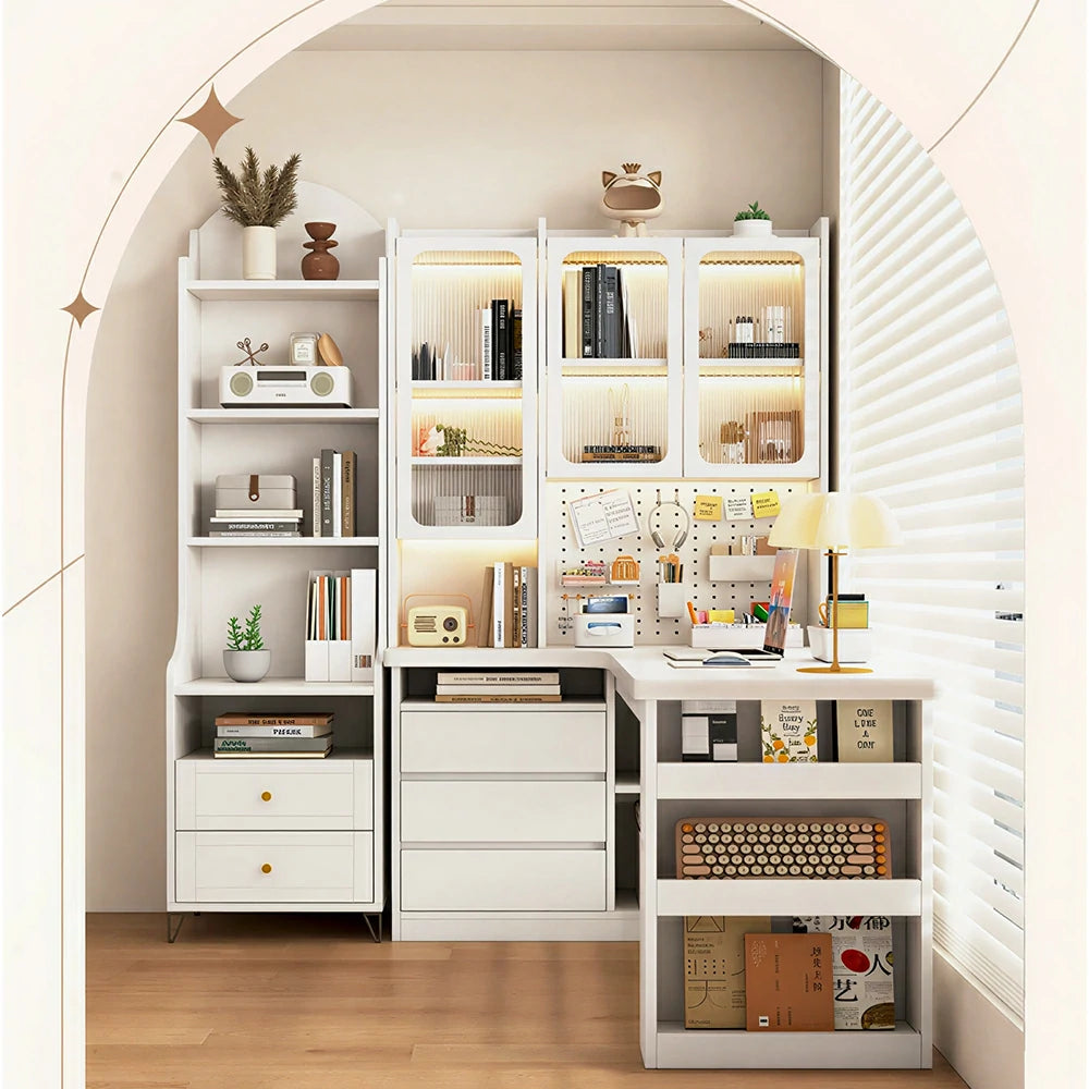 LIVARA Desk with Left Bookshelf Display Cabinet & Drawers for Study Room - Cream White