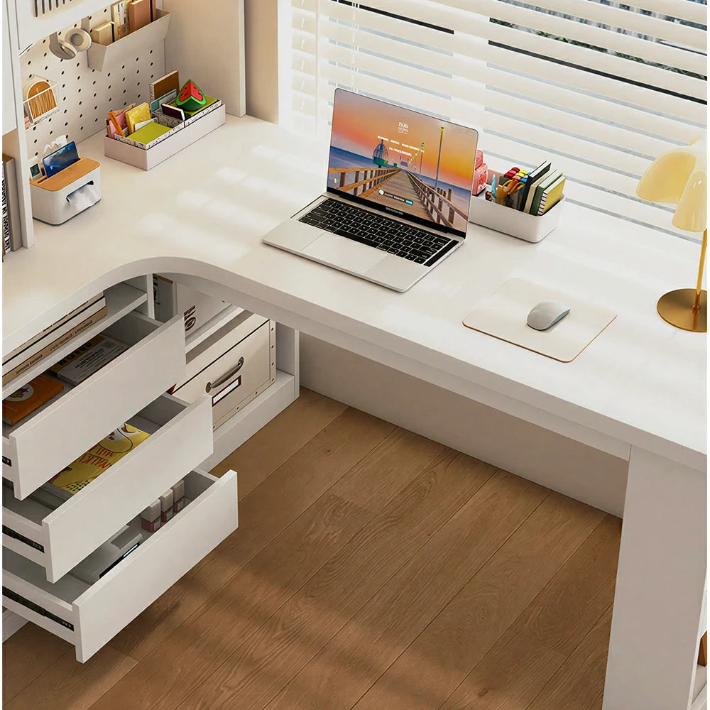 LIVARA Desk with Left Bookshelf Display Cabinet & Drawers for Study Room - Cream White