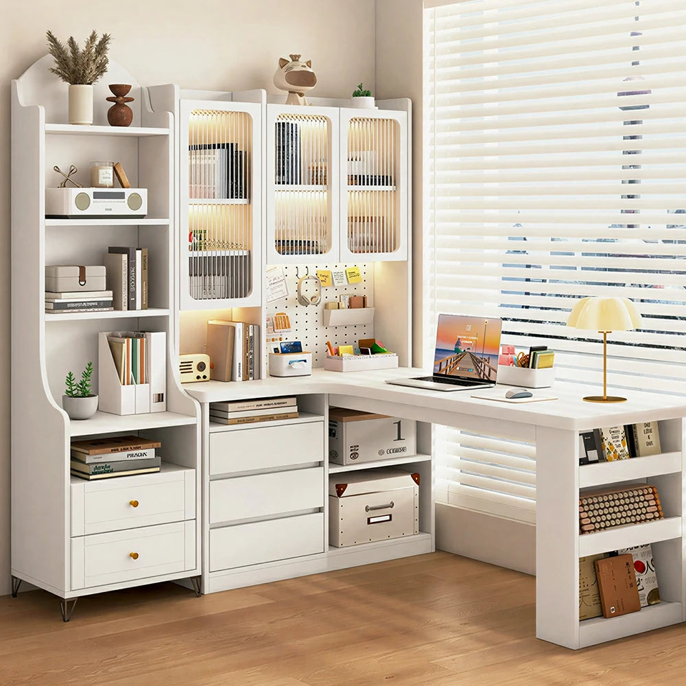 LIVARA Desk with Left Bookshelf Display Cabinet & Drawers for Study Room - Cream White