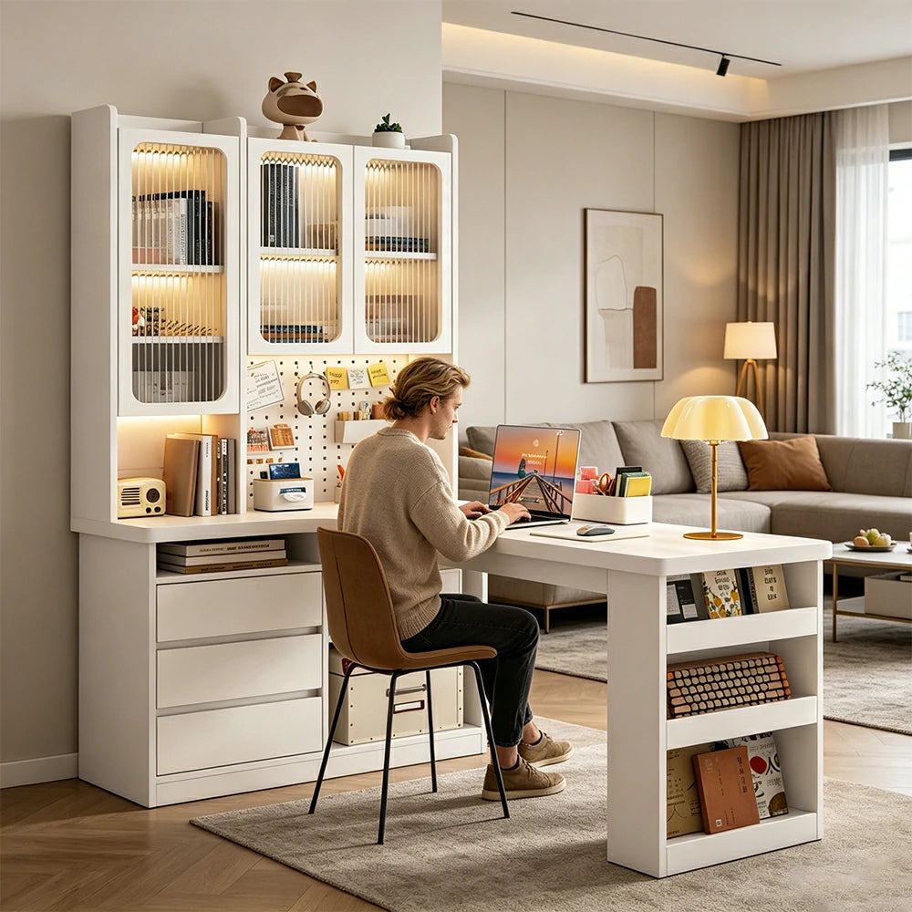 LIVARA Desk with Left Bookshelf Display Cabinet & Drawers for Study Room - Cream White
