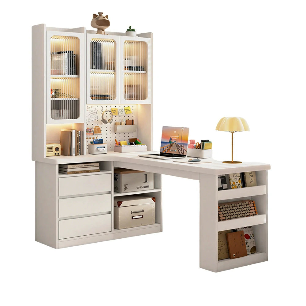 LIVARA Desk with Left Bookshelf Display Cabinet & Drawers for Study Room - Cream White