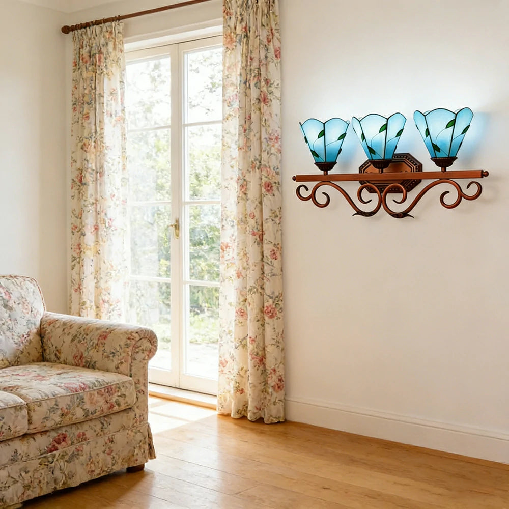 LIVARA European Vintage Blue Leaf Pattern 3-Light Wall Light Stained Glass Handcrafted Iron Frame 63cm Living Room Bedroom Dining