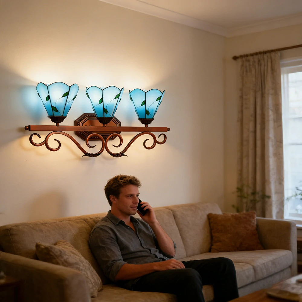 LIVARA European Vintage Blue Leaf Pattern 3-Light Wall Light Stained Glass Handcrafted Iron Frame 63cm Living Room Bedroom Dining