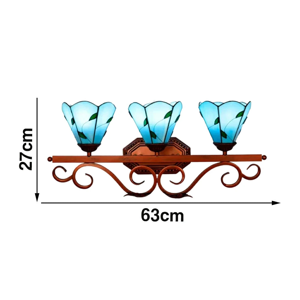 LIVARA European Vintage Blue Leaf Pattern 3-Light Wall Light Stained Glass Handcrafted Iron Frame 63cm Living Room Bedroom Dining