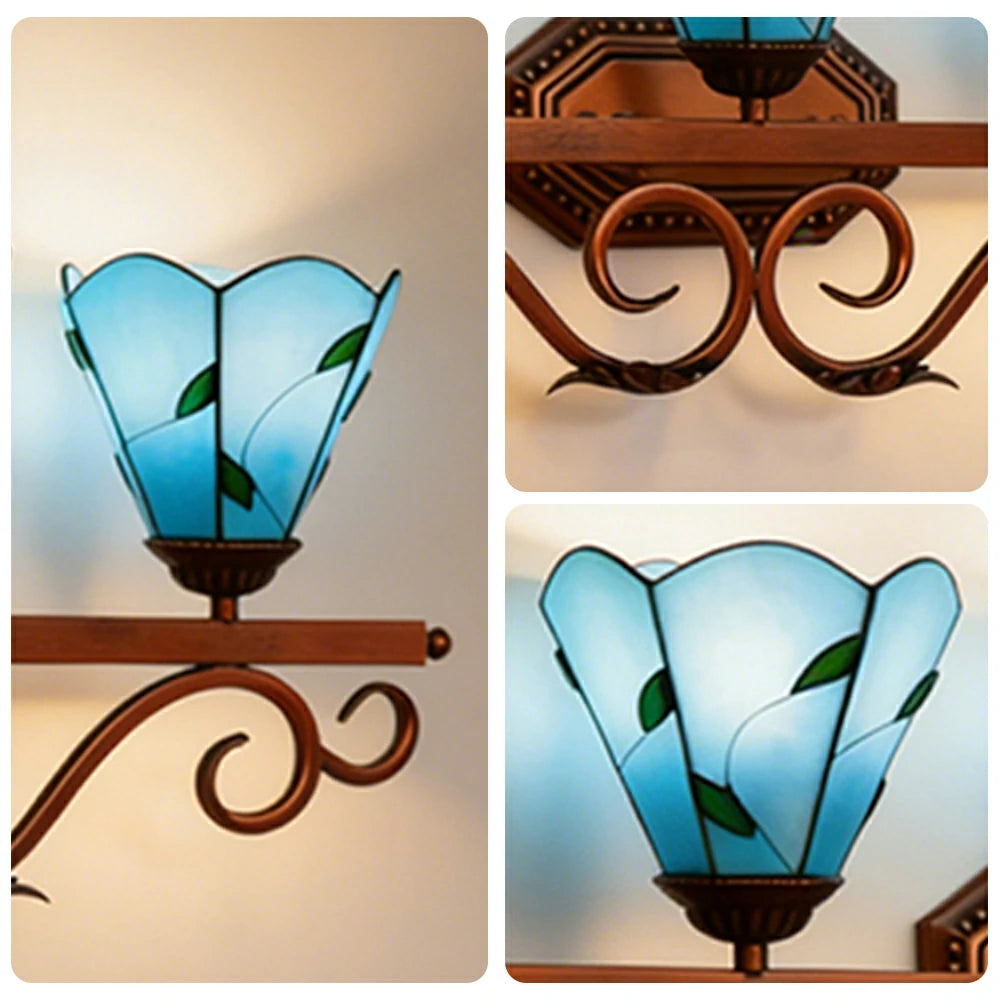 LIVARA European Vintage Blue Leaf Pattern 3-Light Wall Light Stained Glass Handcrafted Iron Frame 63cm Living Room Bedroom Dining