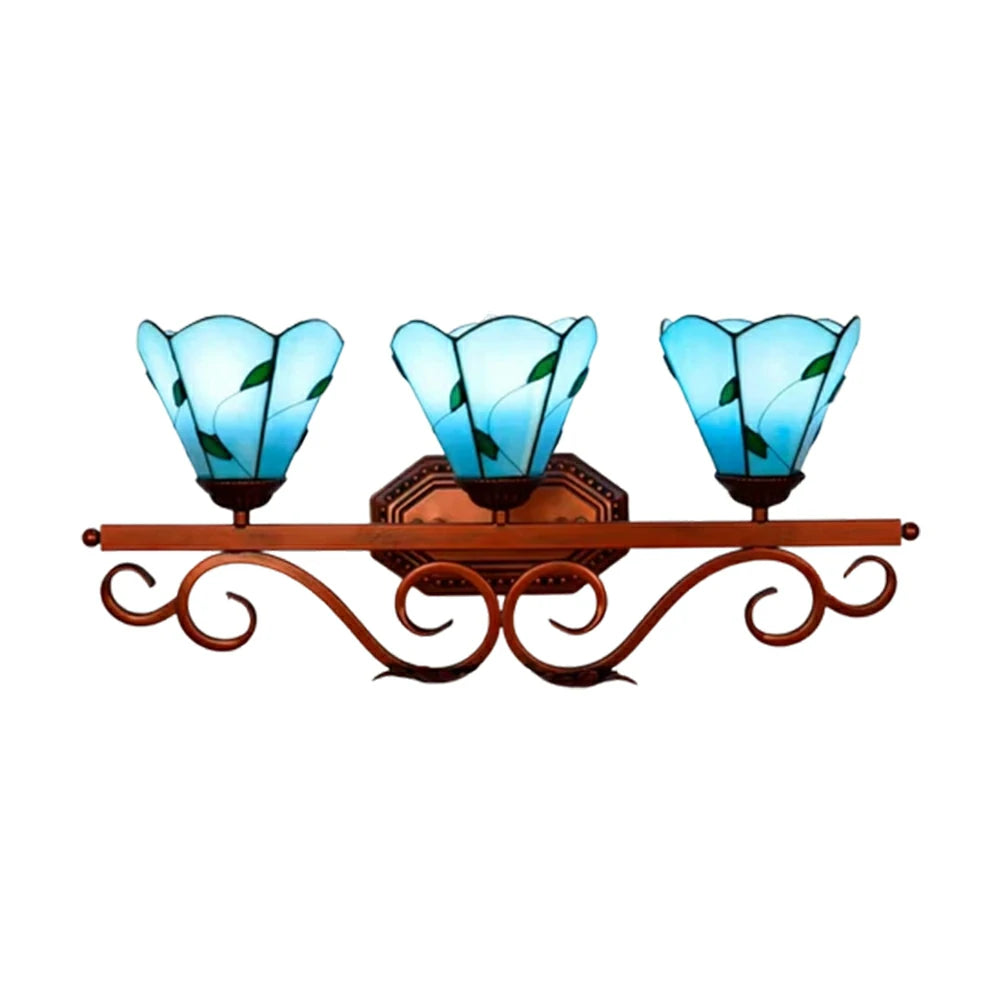 LIVARA European Vintage Blue Leaf Pattern 3-Light Wall Light Stained Glass Handcrafted Iron Frame 63cm Living Room Bedroom Dining