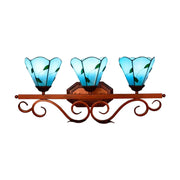 LIVARA European Vintage Blue Leaf Pattern 3-Light Wall Light Stained Glass Handcrafted Iron Frame 63cm Living Room Bedroom Dining