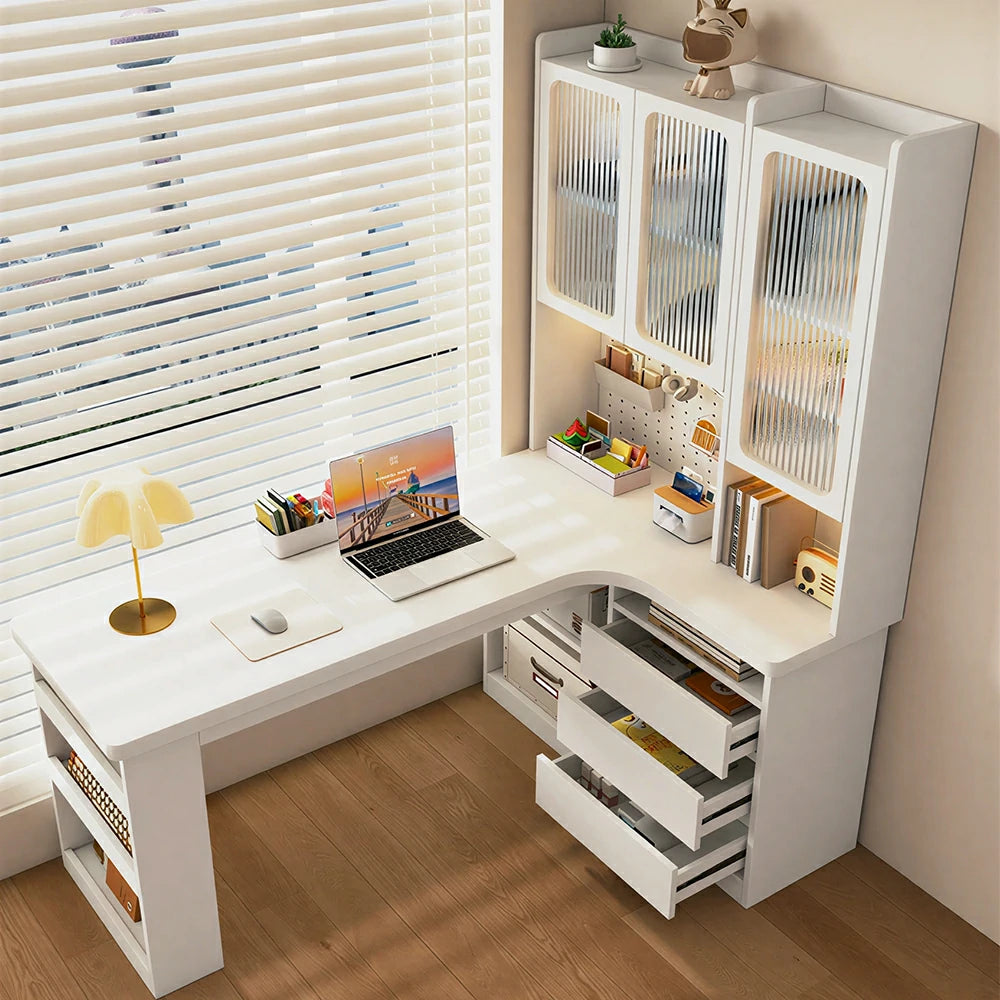 LIVARA Desk with Right Bookshelf Storage & Fluted Glass Cabinet for Study Room - Cream White
