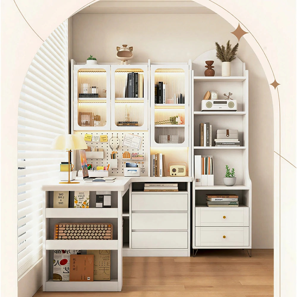 LIVARA Desk with Right Bookshelf Storage & Fluted Glass Cabinet for Study Room - Cream White