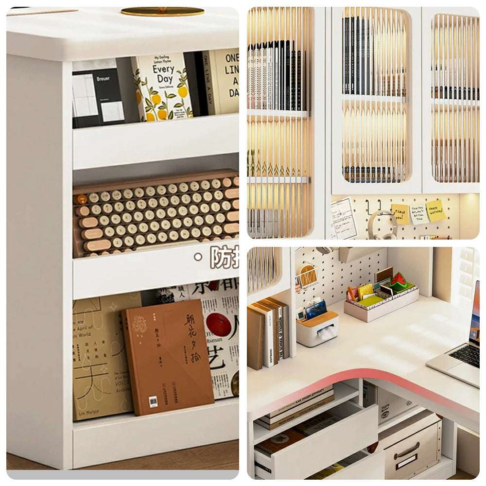 LIVARA Desk with Right Bookshelf Storage & Fluted Glass Cabinet for Study Room - Cream White