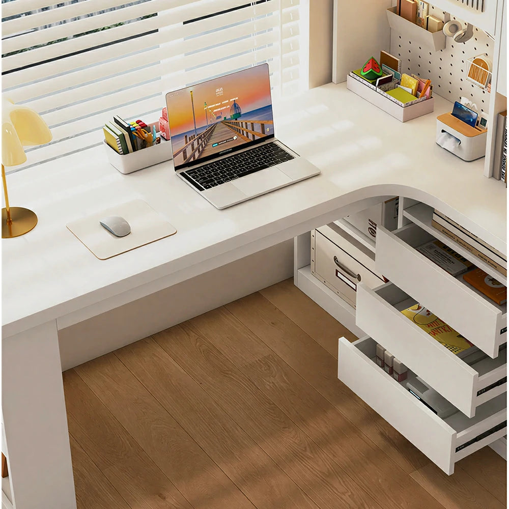 LIVARA Desk with Right Bookshelf Storage & Fluted Glass Cabinet for Study Room - Cream White