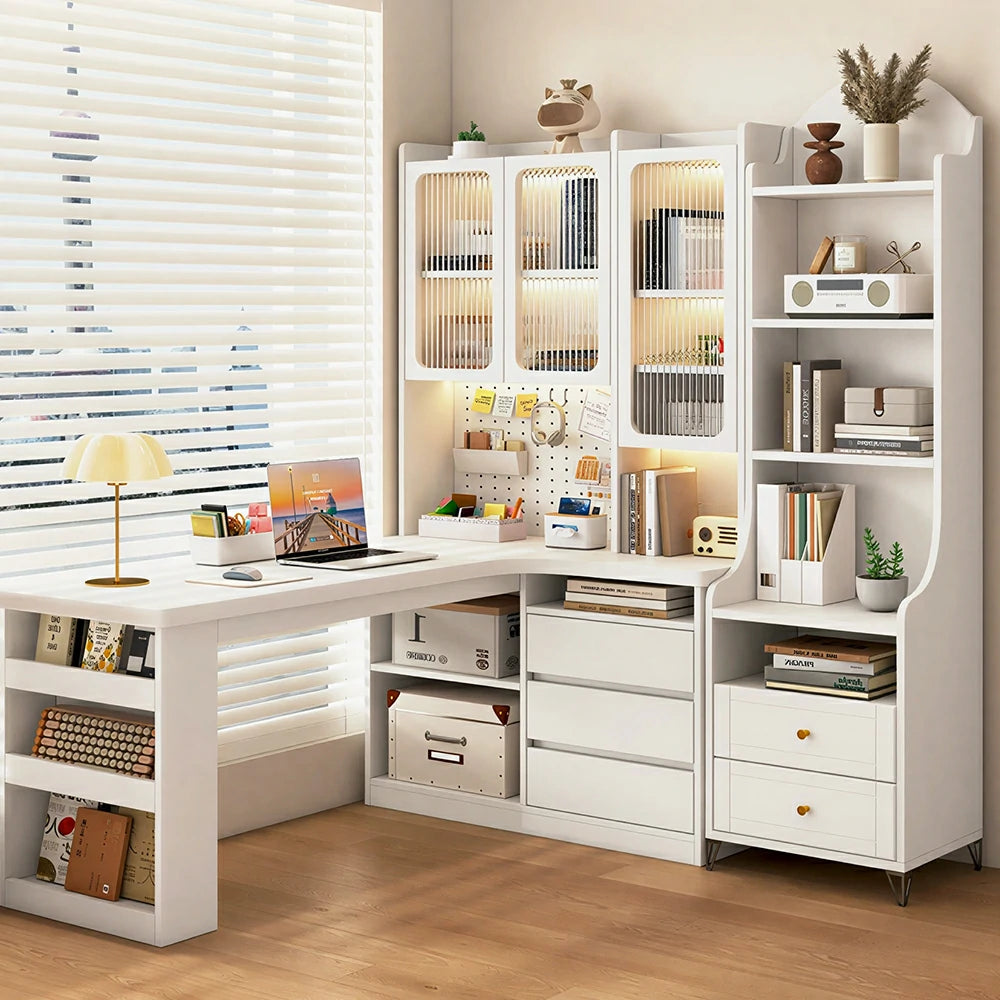LIVARA Desk with Right Bookshelf Storage & Fluted Glass Cabinet for Study Room - Cream White