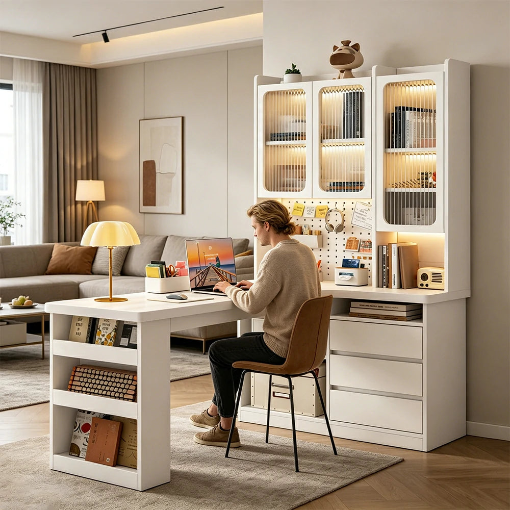LIVARA Desk with Right Bookshelf Storage & Fluted Glass Cabinet for Study Room - Cream White