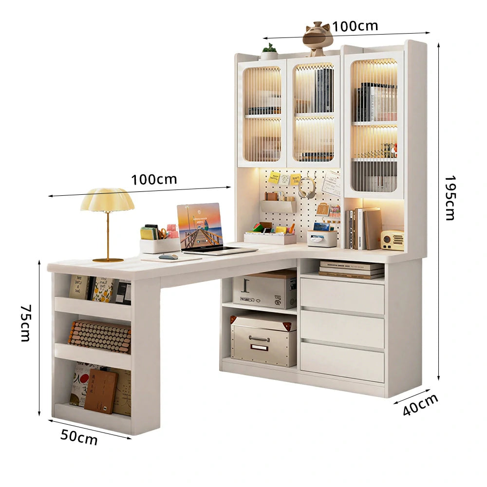 LIVARA Desk with Right Bookshelf Storage & Fluted Glass Cabinet for Study Room - Cream White