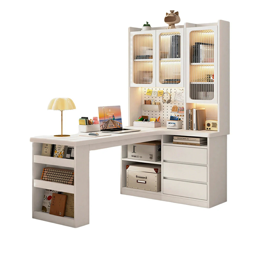 LIVARA Desk with Right Bookshelf Storage & Fluted Glass Cabinet for Study Room - Cream White