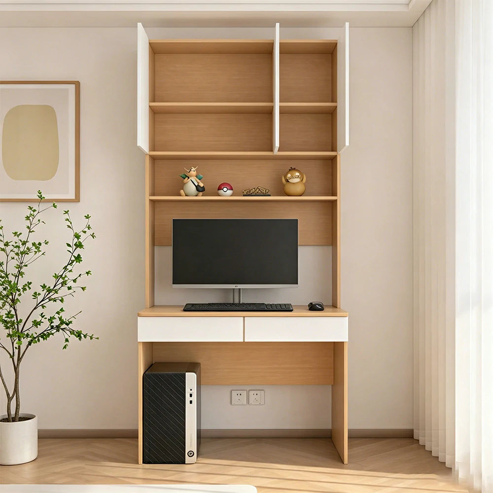 LIVARA Desk with Overhead Storage Cabinet & Drawers for Home Office Study Room - Oak White