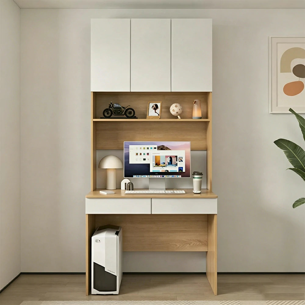 LIVARA Desk with Overhead Storage Cabinet & Drawers for Home Office Study Room - Oak White