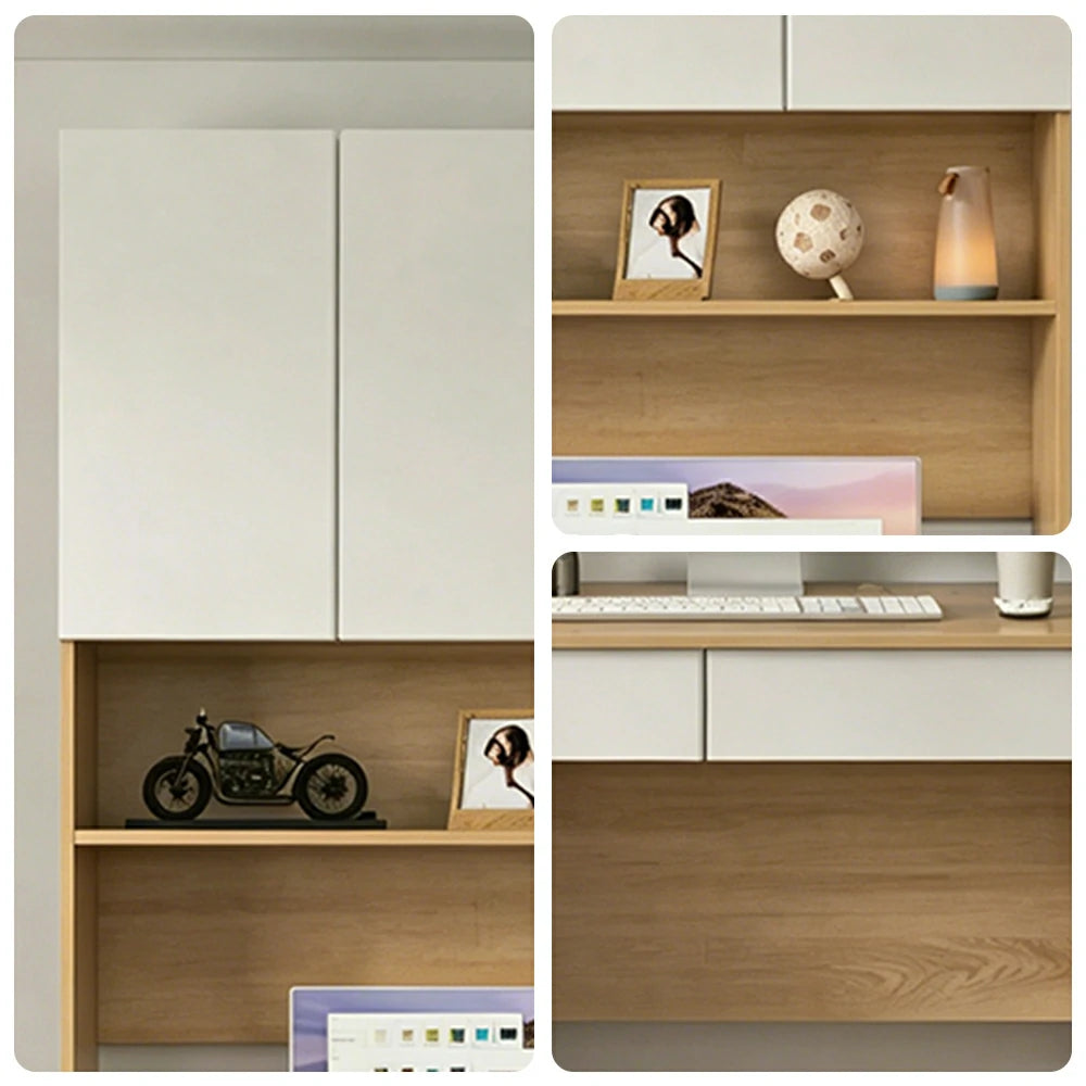 LIVARA Desk with Overhead Storage Cabinet & Drawers for Home Office Study Room - Oak White