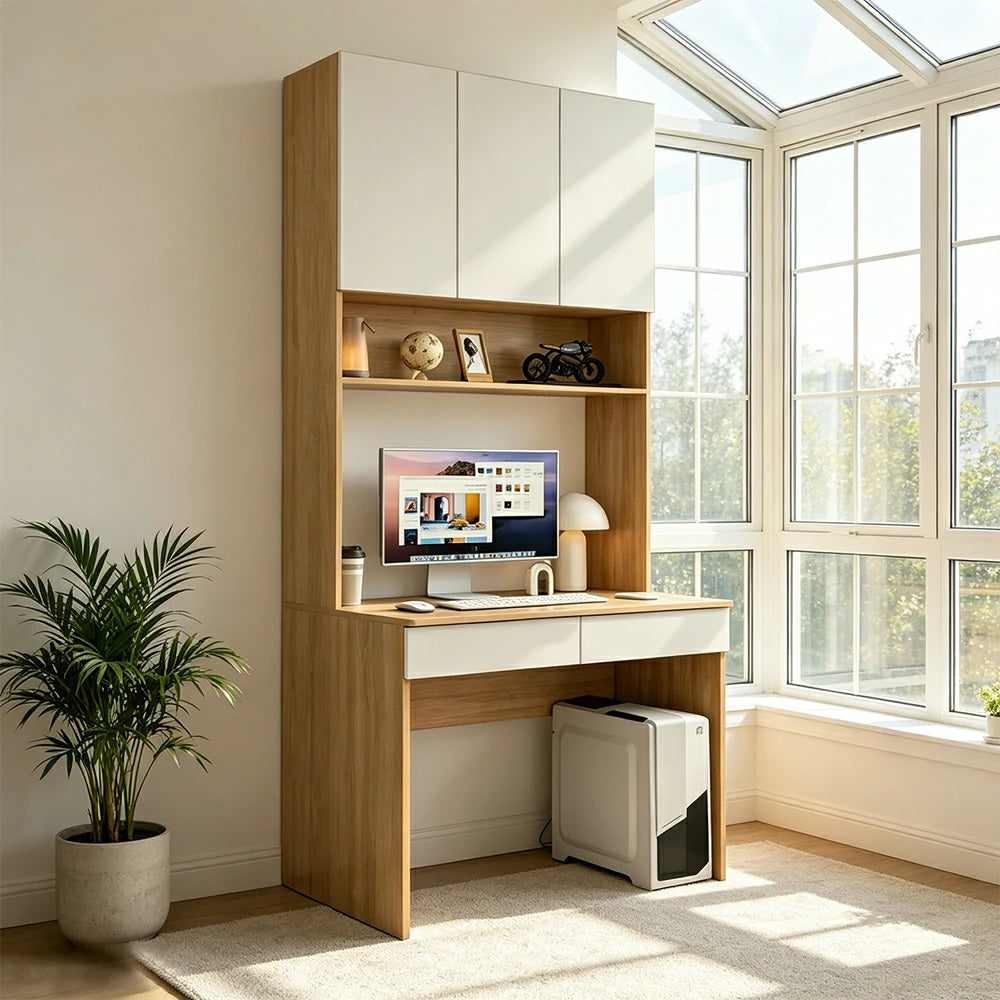 LIVARA Desk with Overhead Storage Cabinet & Drawers for Home Office Study Room - Oak White