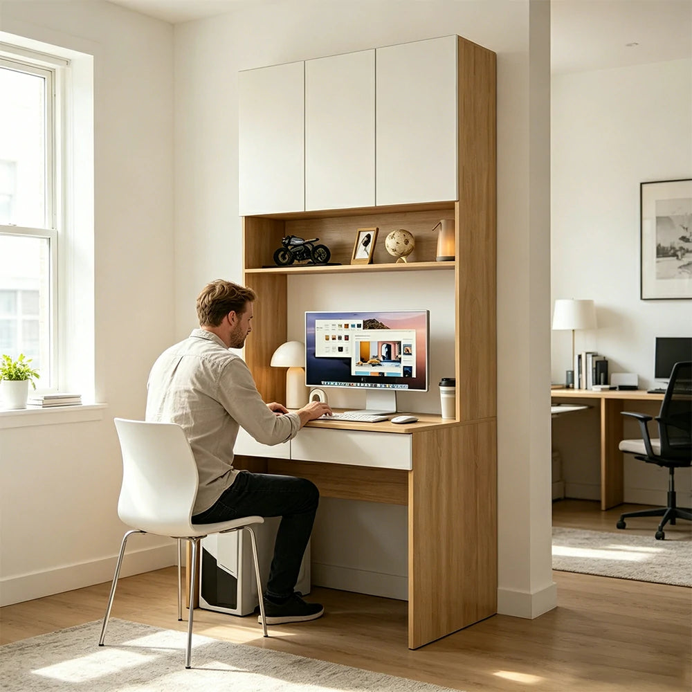 LIVARA Desk with Overhead Storage Cabinet & Drawers for Home Office Study Room - Oak White