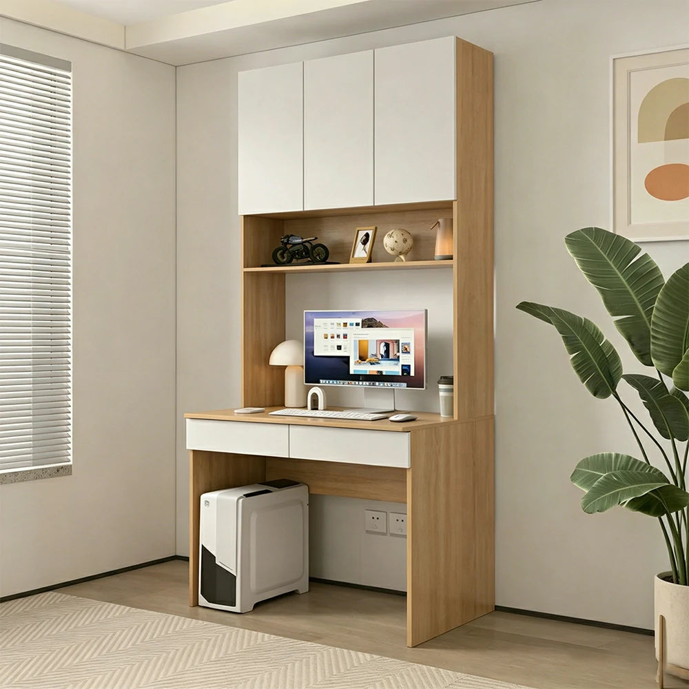 LIVARA Desk with Overhead Storage Cabinet & Drawers for Home Office Study Room - Oak White