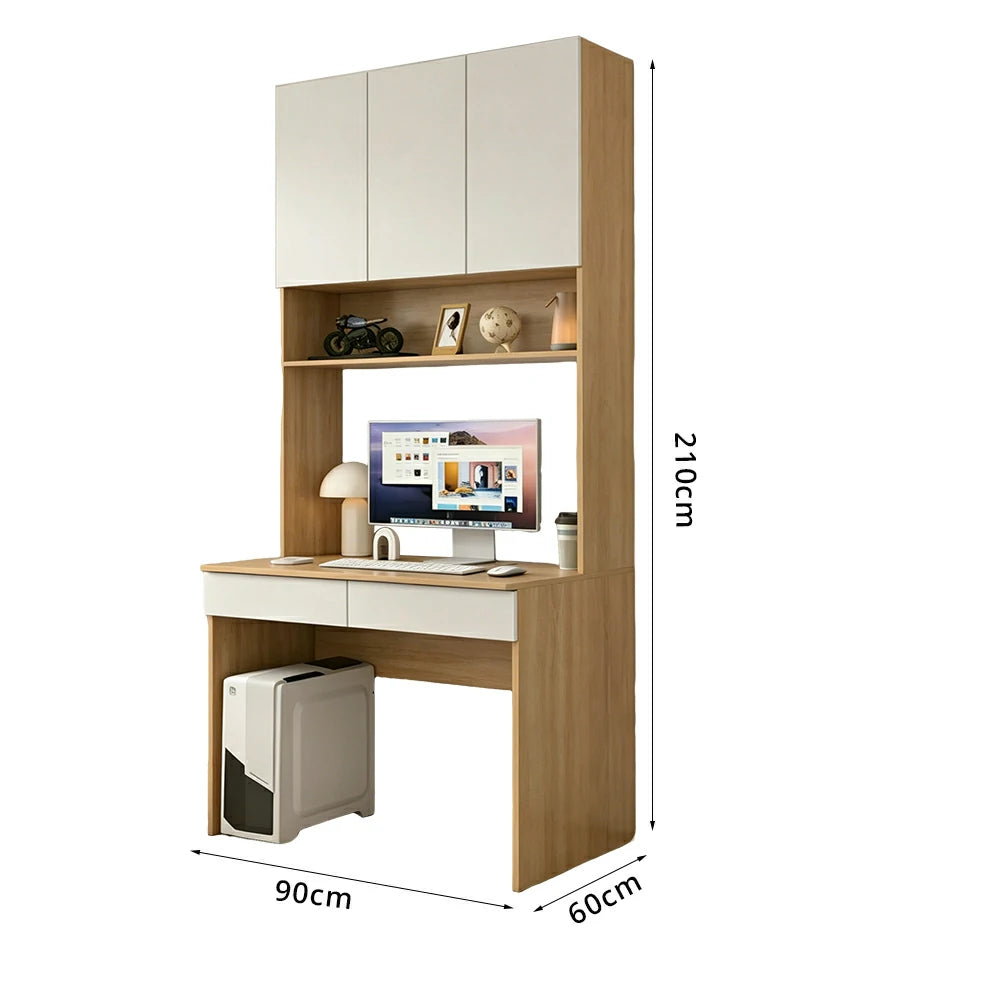 LIVARA Desk with Overhead Storage Cabinet & Drawers for Home Office Study Room - Oak White