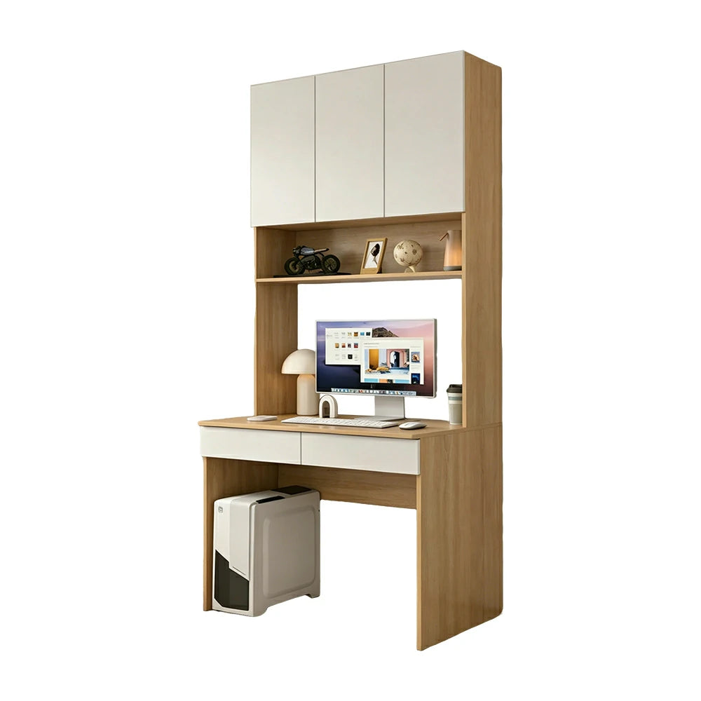 LIVARA Desk with Overhead Storage Cabinet & Drawers for Home Office Study Room - Oak White